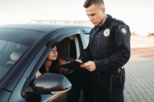 A police officer asking for the driver's license on a roadway.
